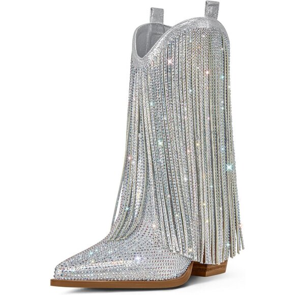 Women's Silver Cowgirl Rhinestone Boot With Sparkly Fringe Pointed Toe Wide Calf - Picture 1 of 9